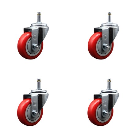 Service Caster 3.5'' Red Polyurethane Wheel Swivel 7/16'' Grip Ring Stem Caster Set, 4PK SCC-GR20S3514-PPUB-RED-716138-4